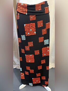 LuLaRoe Black Maxi Skirt with Red and Light Blue Geometric Squares